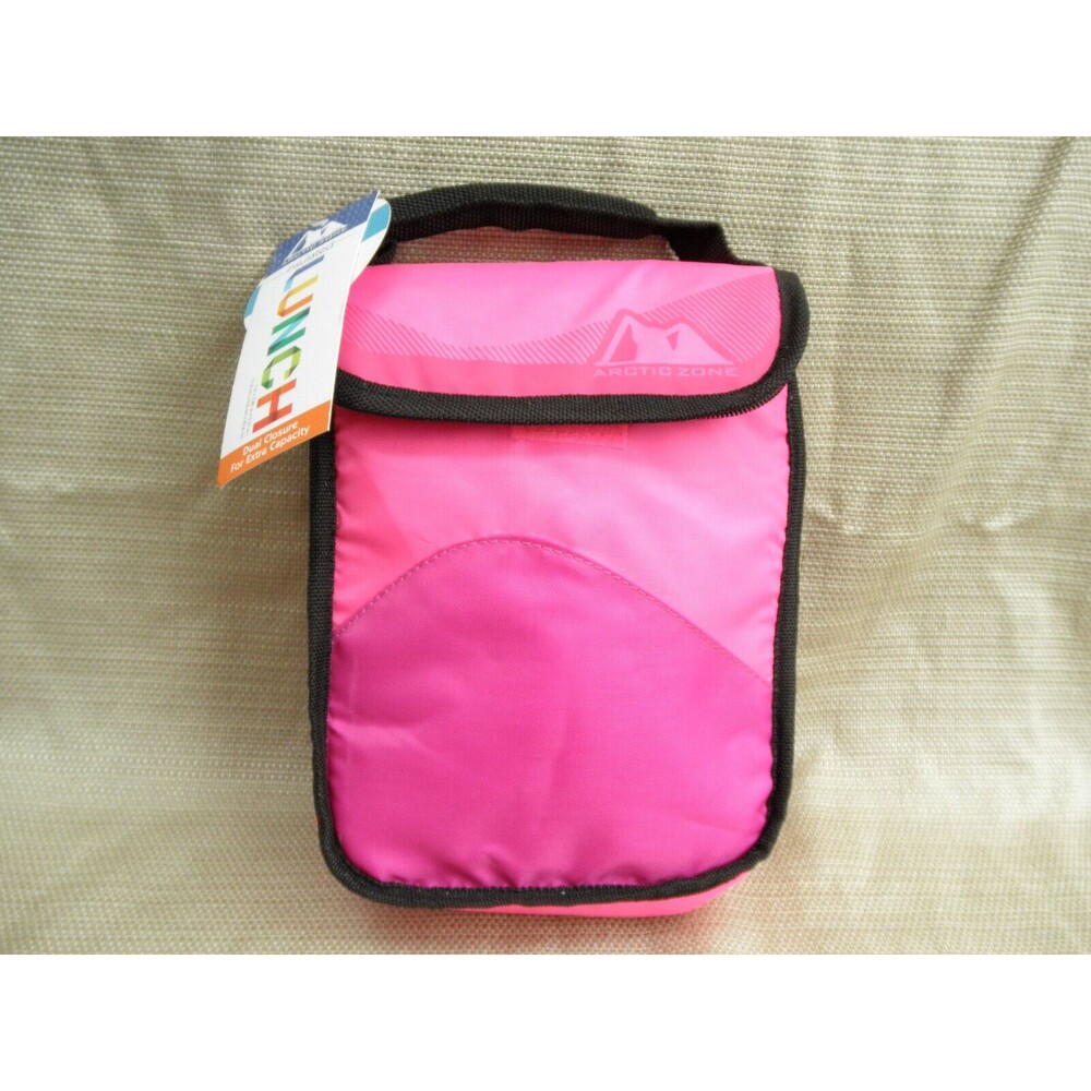 NEW by ARCTIC ZONE, PINK & BLACK INSULATED LUNCH BAG DUAL CLOSURE MICROBAN